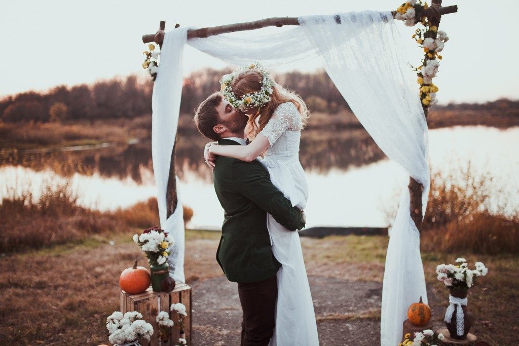 bride and groom kissing