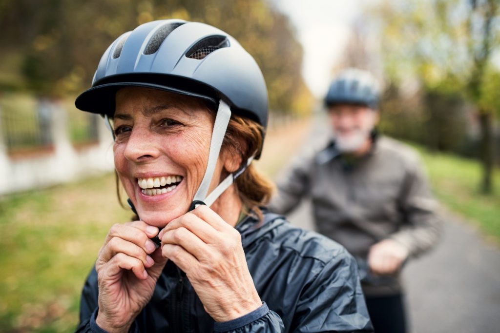 woman wearing a bike helmet